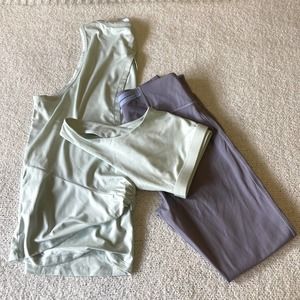 Fabletics Set in Muted Spearmint and Lavender Tights, Crop, Top Size L